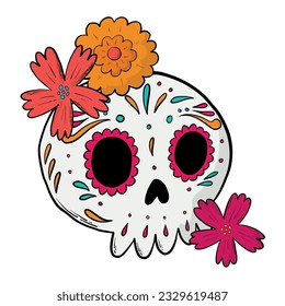 dia de los muertos sugar skull decorated with flowers, hand dawn element for stickers, signs, icons, prints, cards, posters, etc. EPS 10