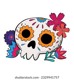 dia de los muertos sugar skull decorated with flowers, hand dawn element for stickers, signs, icons, prints, cards, posters, etc. EPS 10