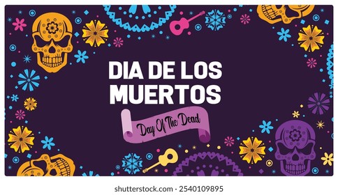 Dia De Los Muertos text with colorful elements. Human skull with colorful flowers. Day Of The Dead concept. Flat vector illustration.