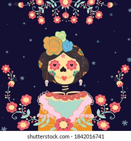 Dia de los muertos .The Day of the Dead is a Mexican holiday.Banner ,poster with sugar women skull
