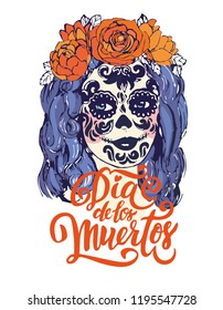 Dia de los Muertos theme girl portrait with carnival make up and hand drawn greeting lettering inscription