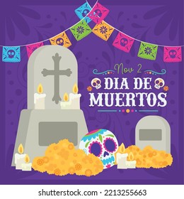 Dia de los muertos tomb with skeletons poster Vector illustration