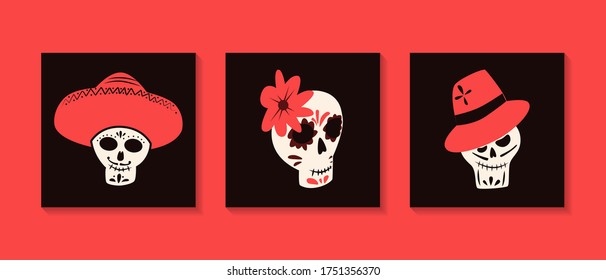 Dia de Los Muertos, traditional Mexican Halloween vector flat cartoon cards design. Sugar skull, skeleton head for Day of the dead.