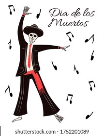 Dia de Los Muertos, traditional Mexican Halloween vector flat cartoon card concept with text. Day of the dead decoration. Happy skeleton male character with the guitar in traditional Mexican suit.