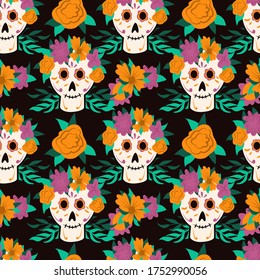 Dia de Los Muertos, tradicional cartografía plana vectorial de Halloween mexicana sin fisuras con decoración floral. Calavera de azúcar, esqueleto cabeza por el Día de los Muertos.