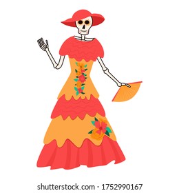 Dia de Los Muertos, traditional Mexican Halloween vector flat cartoon illustration. Day of the dead decoration. Happy smiling skeleton female character in traditional Mexican dress.