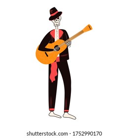 Dia de Los Muertos, traditional Mexican Halloween vector flat cartoon illustration. Day of the dead decoration. Happy smiling skeleton male character with the guitar in traditional Mexican suit.