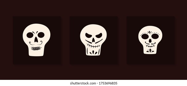 Dia de Los Muertos, traditional Mexican Halloween vector flat cartoon cards design. Sugar skull, skeleton head for Day of the dead.