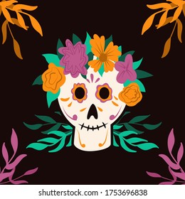 Dia de Los Muertos, traditional Mexican Halloween vector flat cartoon card design with floral decoration. Sugar skull, skeleton head for Day of the dead.