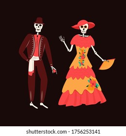 Dia de Los Muertos, traditional Mexican Halloween vector cartoon illustration. Day of the dead decoration. Happy smiling skeleton characters in traditional Mexican dress.