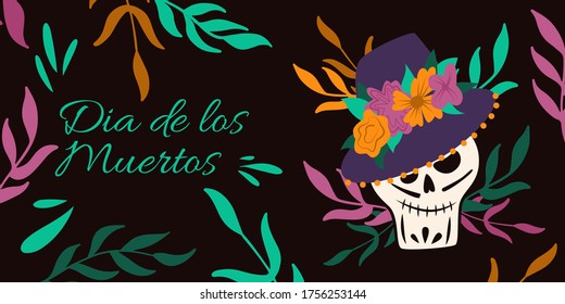 Dia de Los Muertos, traditional Mexican Halloween vector flat cartoon banner design with floral decoration. Sugar skull, skeleton head for Day of the dead.