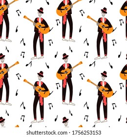 Dia de Los Muertos, traditional Mexican Halloween vector flat cartoon seamless pattern with floral decoration. Sugar skull, skeleton head for Day of the dead.