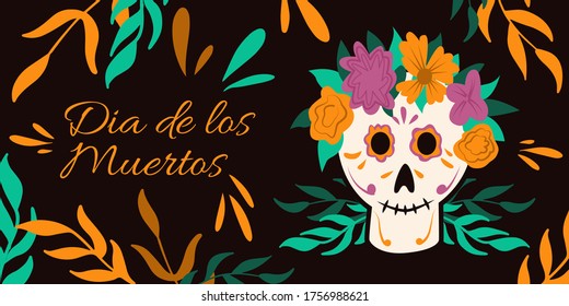 Dia de Los Muertos, traditional Mexican Halloween vector flat cartoon banner design with floral decoration. Sugar skull, skeleton head for Day of the dead.