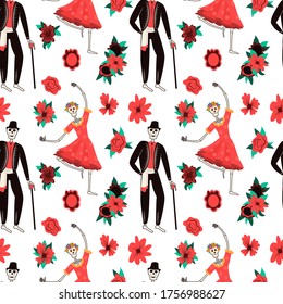 Dia de Los Muertos, traditional Mexican Halloween vector flat cartoon seamless pattern with floral decoration. Sugar skull, skeleton head for Day of the dead.