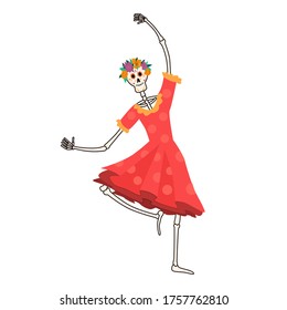 Dia de Los Muertos, traditional Mexican Halloween vector flat cartoon illustration. Day of the dead decoration. Happy smiling skeleton female character in traditional Mexican dress.