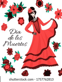 Dia de Los Muertos, traditional Mexican Halloween vector flat cartoon card design with flowers and text. Day of the dead decoration. Happy skeleton female character in traditional Mexican dress.