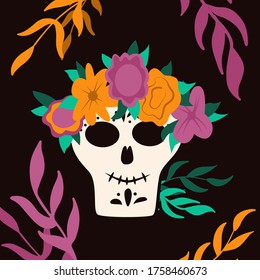 Dia de Los Muertos, traditional Mexican Halloween vector flat cartoon card design with floral decoration. Sugar skull, skeleton head for Day of the dead.