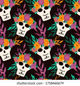 Dia de Los Muertos, traditional Mexican Halloween vector flat cartoon seamless pattern with floral decoration. Sugar skull, skeleton head for Day of the dead.