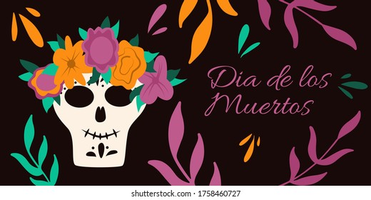 Dia de Los Muertos, traditional Mexican Halloween vector flat cartoon banner design with floral decoration. Sugar skull, skeleton head for Day of the dead.