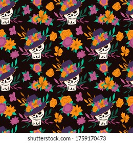 Dia de Los Muertos, traditional Mexican Halloween vector flat cartoon seamless pattern with floral decoration. Sugar skull, skeleton head for Day of the dead.