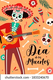 Dia de los muertos traditional mexican holiday poster decorated with skeleton in sombrero playing the guitar. Flat vector cartoon illustration. Vertical placard for national Day of the Dead festival