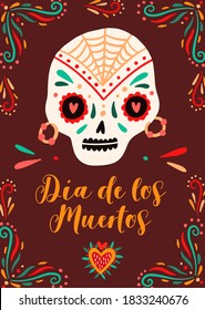 Dia de los muertos traditional mexican holiday poster decorated with sugar skull and ornamented frame. Flat vector cartoon illustration of national festival placard for Day of the Dead