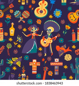 Dia de los muertos, traditional symbols of mexican holiday. Celebration of day of the dead, seamless pattern with flowers and crosses, skeletons and acoustic guitars. Maracas and tequila, vector