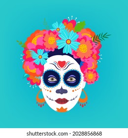 Dia de los muertos, Traditional Mexican woman face painting isolated on background, Halloween concept flat illustration vector.