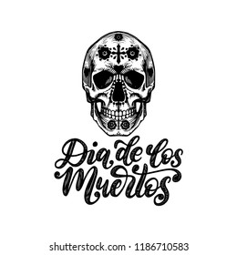 Dia De Los Muertos translated from Spanish Day of the Dead
handwritten phrase. Vector illustration of skull in engraved style on white background. Design concept for party invitation, greeting card.