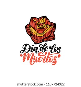 Dia De Los Muertos translated from Spanish Day of the Dead
handwritten phrase. Vector illustration of rose on white background. Design concept for party invitation, greeting card.