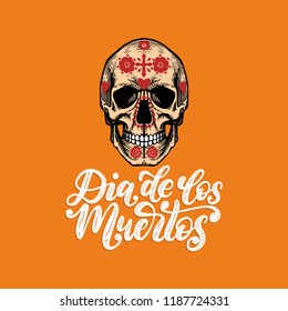 Dia De Los Muertos translated from Spanish Day of the Dead
handwritten phrase. Vector illustration of skull on orange background. Design concept for party invitation, greeting card.