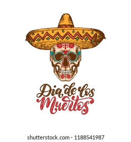 Dia De Los Muertos translated from Spanish Day of the Dead
handwritten phrase. Vector illustration of skull in sombrero on white background. Design concept for party invitation, greeting card.