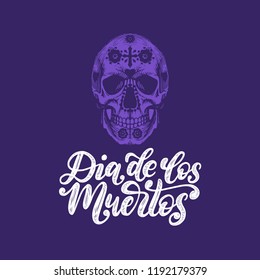 Dia De Los Muertos translated from Spanish Day of the Dead
handwritten phrase. Vector illustration of skull on blue background. Design concept for party invitation, greeting card.