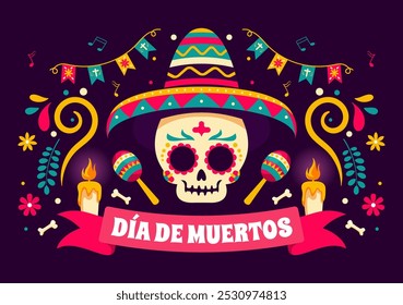 Dia de Los Muertos Translation Day of the Dead, featuring Illustration a Skeleton Playing Music Sombrero and Wearing Traditional Mexican Costumes