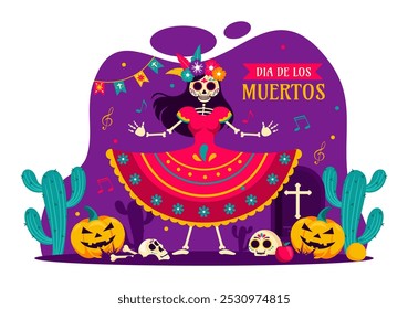 Dia de Los Muertos Tradução Dia dos Mortos, com ilustração de um esqueleto tocando música Sombrero e vestindo trajes tradicionais mexicanos