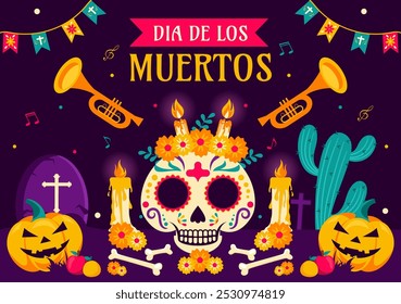 Dia de Los Muertos Translation Day of the Dead, featuring Illustration a Skeleton Playing Music Sombrero and Wearing Traditional Mexican Costumes