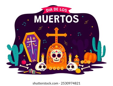 Dia de Los Muertos Tradução Dia dos Mortos, com ilustração de um esqueleto tocando música Sombrero e vestindo trajes tradicionais mexicanos