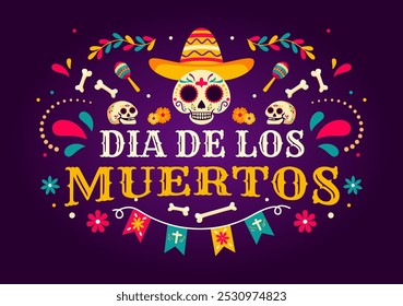 Dia de Los Muertos Tradução Dia dos Mortos, com ilustração de um esqueleto tocando música Sombrero e vestindo trajes tradicionais mexicanos