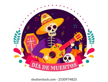 Dia de Los Muertos Tradução Dia dos Mortos, com ilustração de um esqueleto tocando música Sombrero e vestindo trajes tradicionais mexicanos