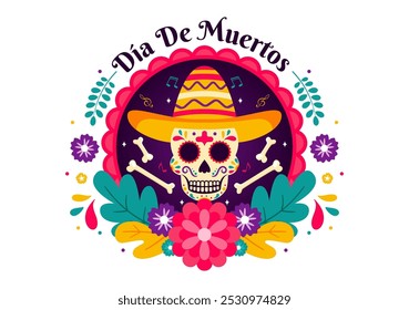 Dia de Los Muertos Tradução Dia dos Mortos, com ilustração de um esqueleto tocando música Sombrero e vestindo trajes tradicionais mexicanos