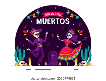 Dia de Los Muertos Translation Day of the Dead, featuring Illustration a Skeleton Playing Music Sombrero and Wearing Traditional Mexican Costumes