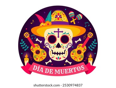 Dia de Los Muertos Tradução Dia dos Mortos, com ilustração de um esqueleto tocando música Sombrero e vestindo trajes tradicionais mexicanos