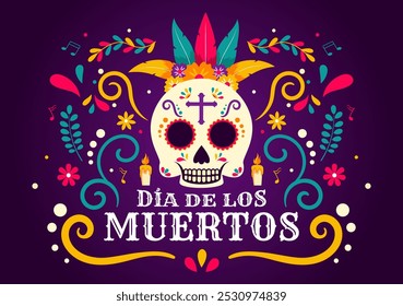 Dia de Los Muertos Tradução Dia dos Mortos, com ilustração de um esqueleto tocando música Sombrero e vestindo trajes tradicionais mexicanos