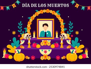 Dia de Los Muertos Tradução Dia dos Mortos, com ilustração de um esqueleto tocando música Sombrero e vestindo trajes tradicionais mexicanos