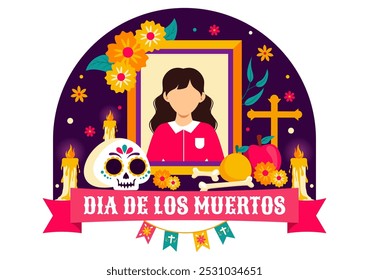 Dia de Los Muertos Tradução Dia dos Mortos, com ilustração de um esqueleto tocando música Sombrero e vestindo trajes tradicionais mexicanos