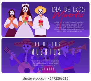 Dia de los Muertos. Two horizontal banners. Day of the Dead. Man and women hold flowers and burning candles. Skull masks on their faces. Mariachi plays the guitar in a sombrero. Vector illustration.