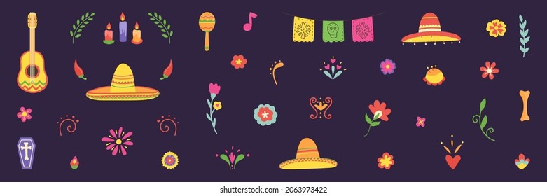 Dia de los Muertos unique hand drawn design elements. Mexico culture Holiday poster. Day of the Dead mexican icons big set. Cinco de Mayo. Death pattern. Embroidery banner. Vector illustration.