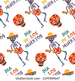 Dia de los Muertos vector greeting card for Mexican traditional holiday seamless pattern.