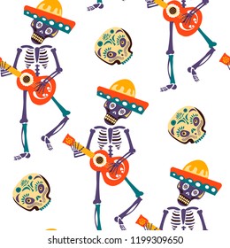 Dia de los Muertos vector greeting card for Mexican traditional holiday seamless pattern.