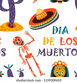 Dia de los Muertos vector greeting card for Mexican traditional holiday seamless pattern.